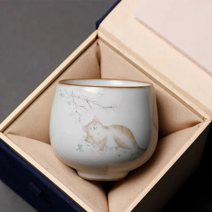 Buddha Stones Cute Cat Branches Teacup Kung Fu Tea Cup With Gift Box