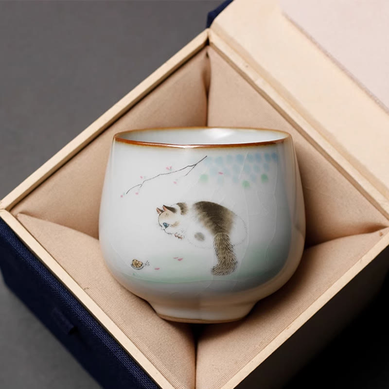 Buddha Stones Cute Cat Branches Teacup Kung Fu Tea Cup With Gift Box