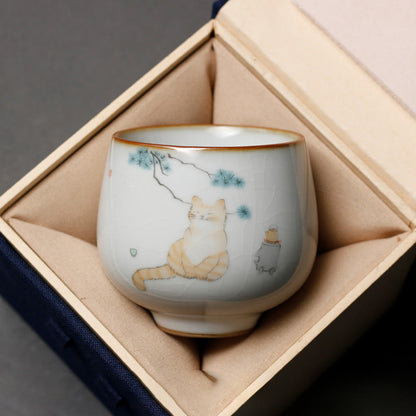 Buddha Stones Cute Cat Branches Teacup Kung Fu Tea Cup With Gift Box