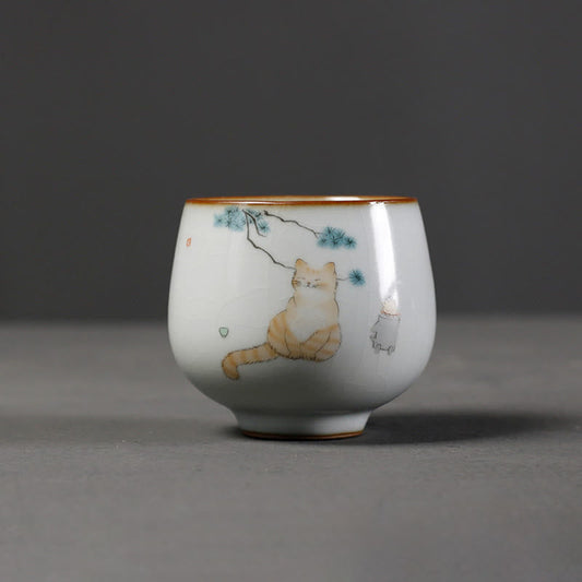 Buddha Stones Cute Cat Branches Teacup Kung Fu Tea Cup With Gift Box