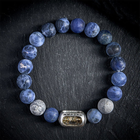 Buddha Stones Natural Sodalite Grey Jasper Om Mani Padme Hum Harmony Bracelet