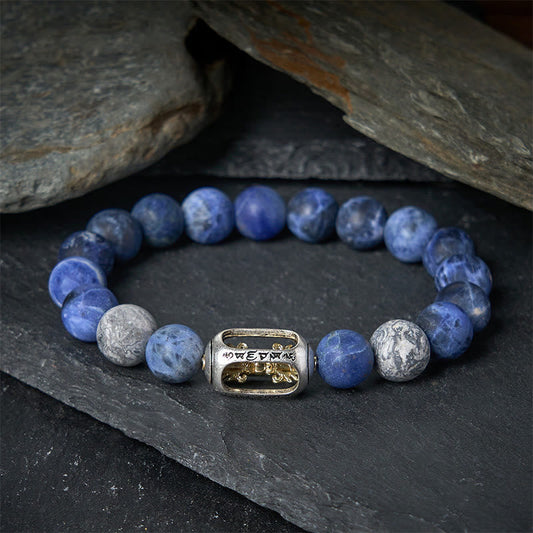 Buddha Stones Natural Sodalite Grey Jasper Om Mani Padme Hum Harmony Bracelet
