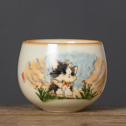 Buddha Stones Cute Bow Tie Cat Teacup Kung Fu Tea Cup