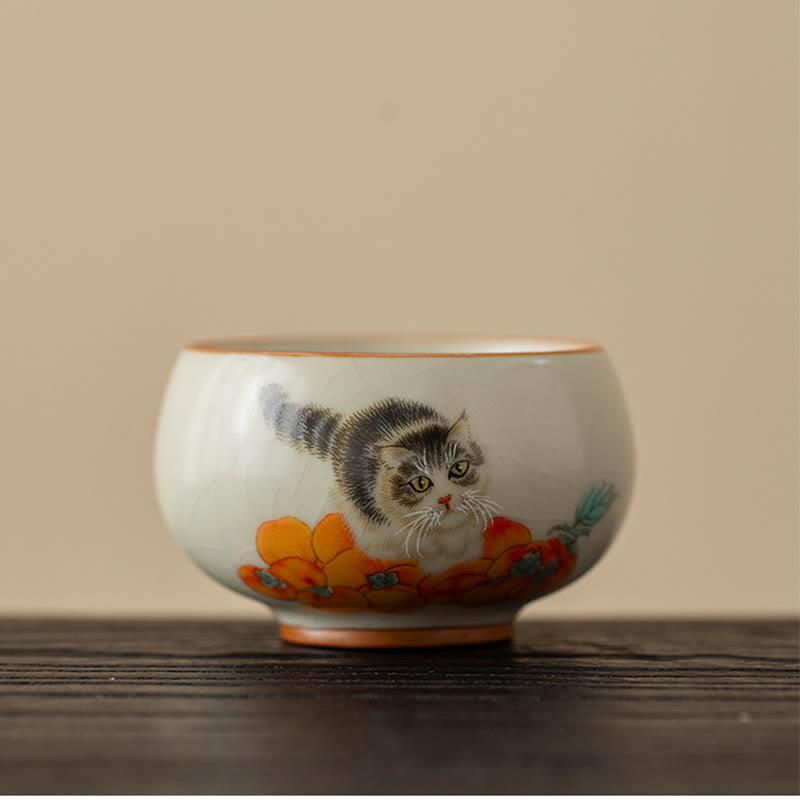 Buddha Stones Cute Persimmon Cat Teacup Kung Fu Tea Cup