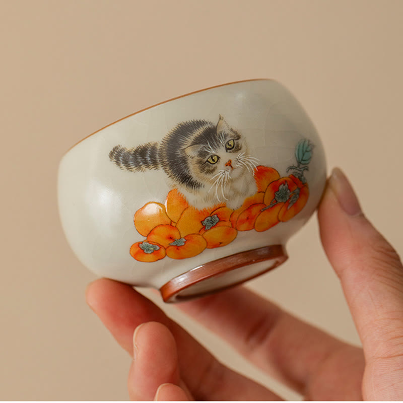 Buddha Stones Cute Persimmon Cat Teacup Kung Fu Tea Cup