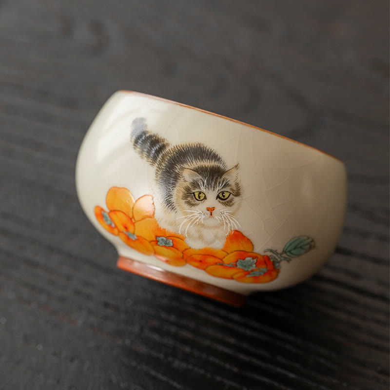 Buddha Stones Cute Persimmon Cat Teacup Kung Fu Tea Cup
