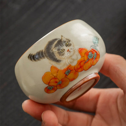Buddha Stones Cute Persimmon Cat Teacup Kung Fu Tea Cup