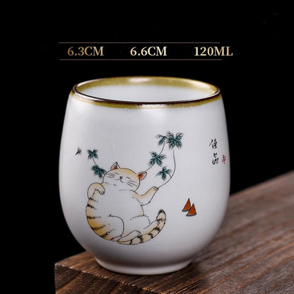 Buddha Stones Cute Lying Cat Branches Teacup Kung Fu Tea Cup With Gift Box