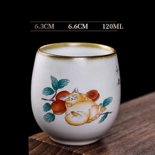 Buddha Stones Cute Lying Cat Branches Teacup Kung Fu Tea Cup With Gift Box