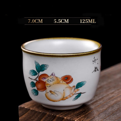 Buddha Stones Cute Lying Cat Branches Teacup Kung Fu Tea Cup With Gift Box