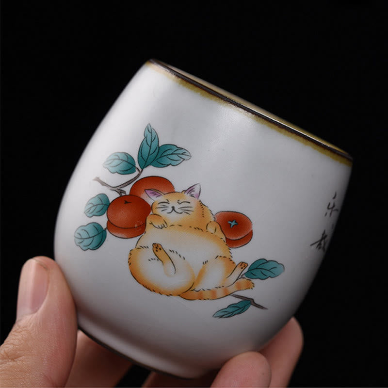 Buddha Stones Cute Lying Cat Branches Teacup Kung Fu Tea Cup With Gift Box
