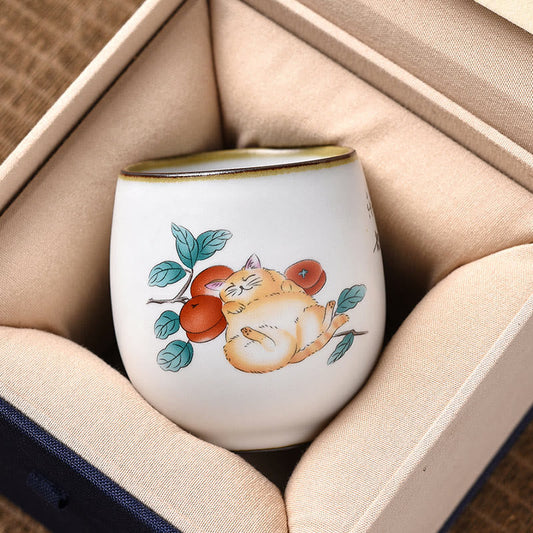 Buddha Stones Cute Lying Cat Branches Teacup Kung Fu Tea Cup With Gift Box