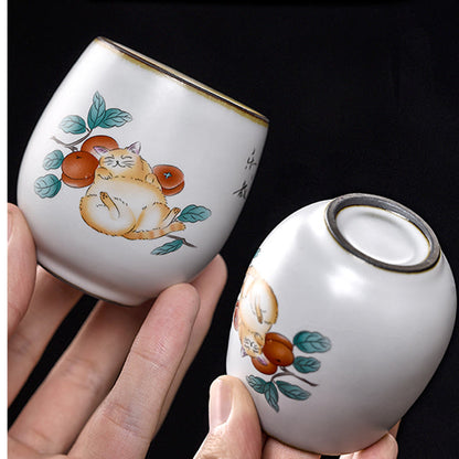 Buddha Stones Cute Lying Cat Branches Teacup Kung Fu Tea Cup With Gift Box