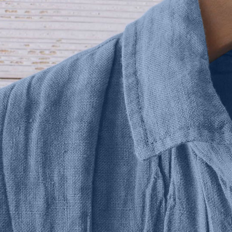 Buddha Stones Men's Shirt Solid Color Lapel Top Long Sleeve Comfy Button Crease Cotton Linen Shirt
