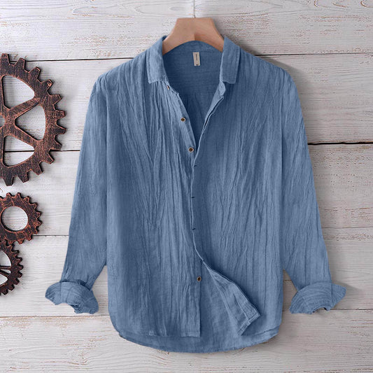 Buddha Stones Men's Shirt Solid Color Lapel Top Long Sleeve Comfy Button Crease Cotton Linen Shirt