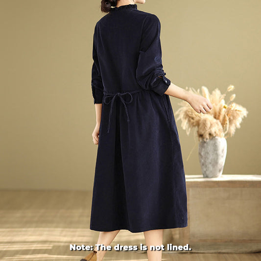 Buddha Stones Lace-Up Design Ruffled Crew Neck Cotton Corduroy Long Sleeve Midi Dress With Pockets