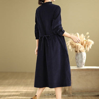 Buddha Stones Lace-Up Design Ruffled Crew Neck Cotton Corduroy Long Sleeve Midi Dress With Pockets