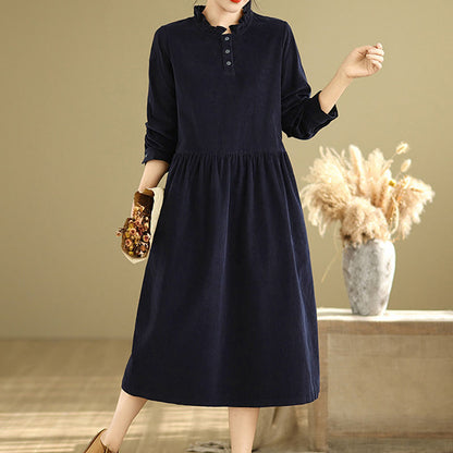 Buddha Stones Lace-Up Design Ruffled Crew Neck Cotton Corduroy Long Sleeve Midi Dress With Pockets