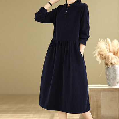 Buddha Stones Lace-Up Design Ruffled Crew Neck Cotton Corduroy Long Sleeve Midi Dress With Pockets