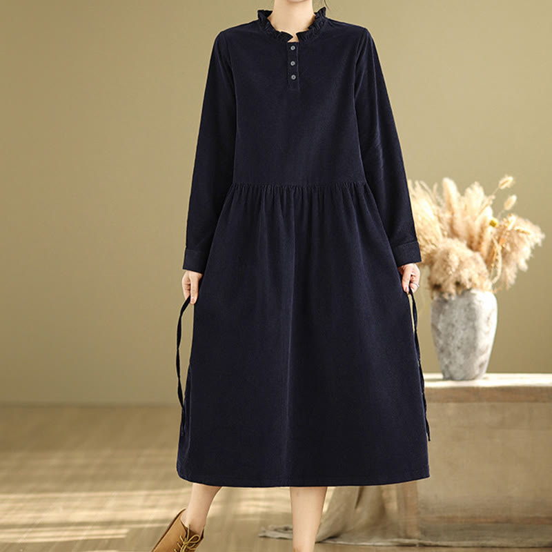 Buddha Stones Lace-Up Design Ruffled Crew Neck Cotton Corduroy Long Sleeve Midi Dress With Pockets