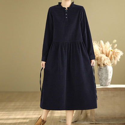 Buddha Stones Lace-Up Design Ruffled Crew Neck Cotton Corduroy Long Sleeve Midi Dress With Pockets