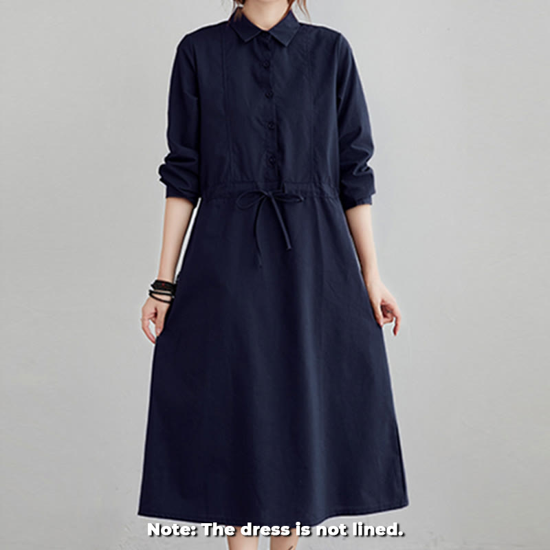 Buddha Stones Fall Solid Color Lace-Up Design Lapel Long Sleeve Cotton Midi Dress With Pockets