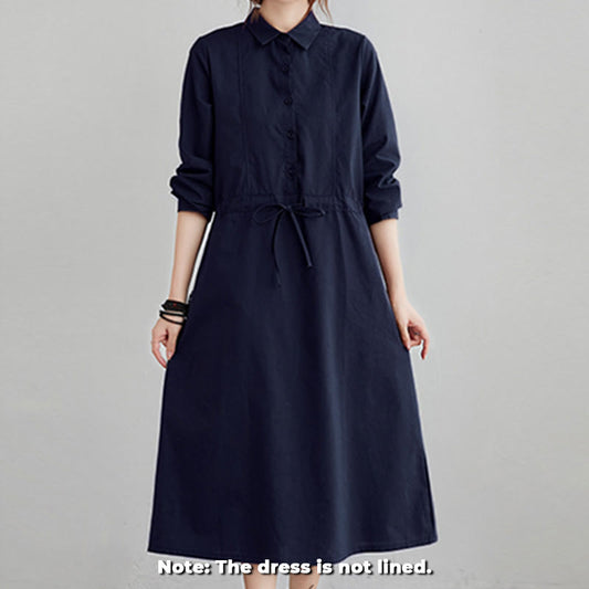 Buddha Stones Fall Solid Color Lace-Up Design Lapel Long Sleeve Cotton Midi Dress With Pockets