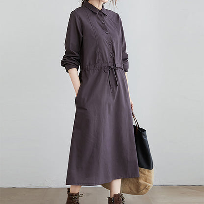 Buddha Stones Fall Solid Color Lace-Up Design Lapel Long Sleeve Cotton Midi Dress With Pockets