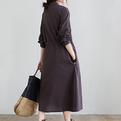 Buddha Stones Fall Solid Color Lace-Up Design Lapel Long Sleeve Cotton Midi Dress With Pockets