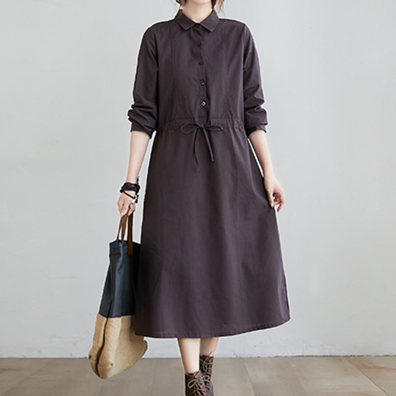 Buddha Stones Fall Solid Color Lace-Up Design Lapel Long Sleeve Cotton Midi Dress With Pockets