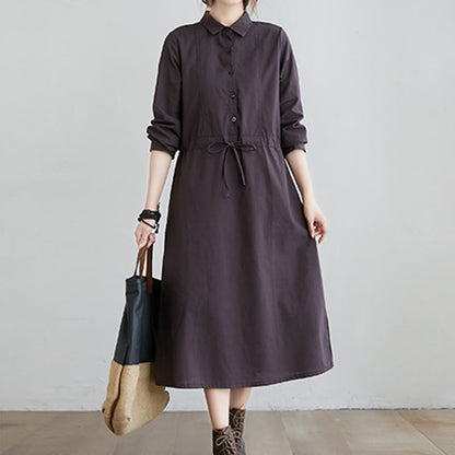 Buddha Stones Fall Solid Color Lace-Up Design Lapel Long Sleeve Cotton Midi Dress With Pockets
