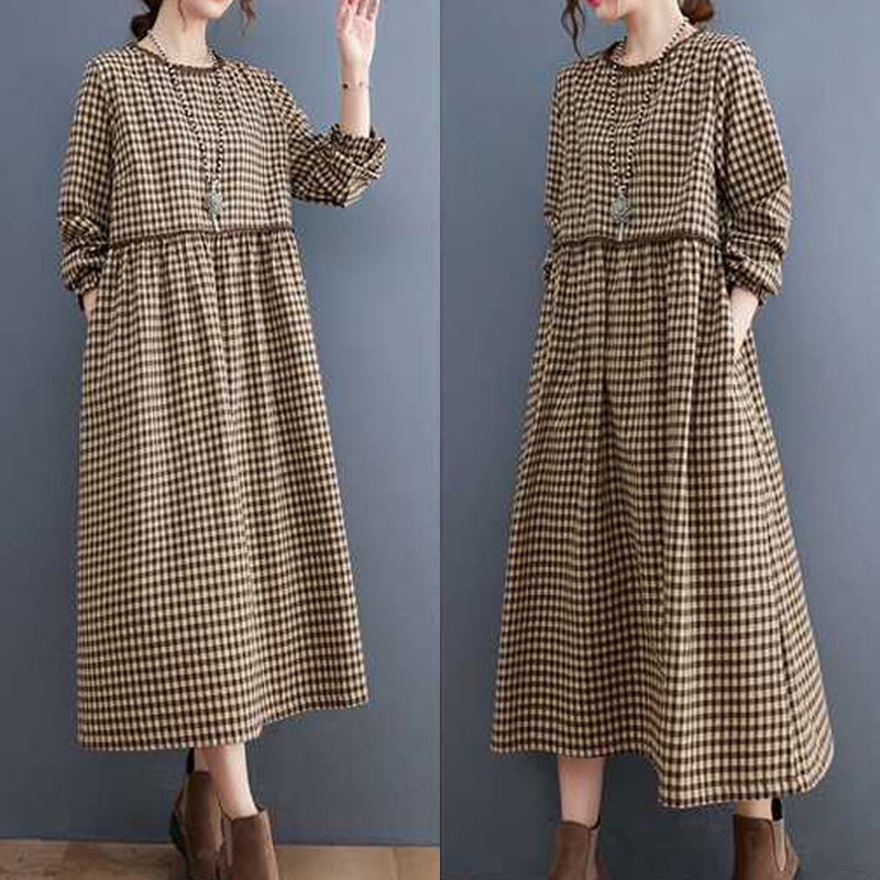 Buddha Stones Fall Plaid Pattern Ruffled Crew Neck Design Cotton Long Sleeve Midi Dress With Pockets