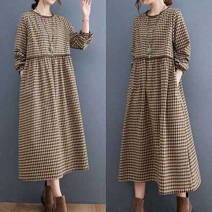 Buddha Stones Fall Plaid Pattern Ruffled Crew Neck Design Cotton Long Sleeve Midi Dress With Pockets