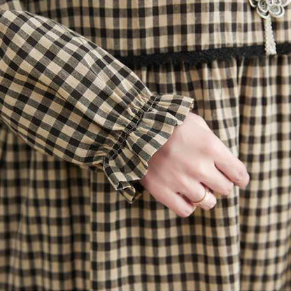 Buddha Stones Fall Plaid Pattern Ruffled Crew Neck Design Cotton Long Sleeve Midi Dress With Pockets