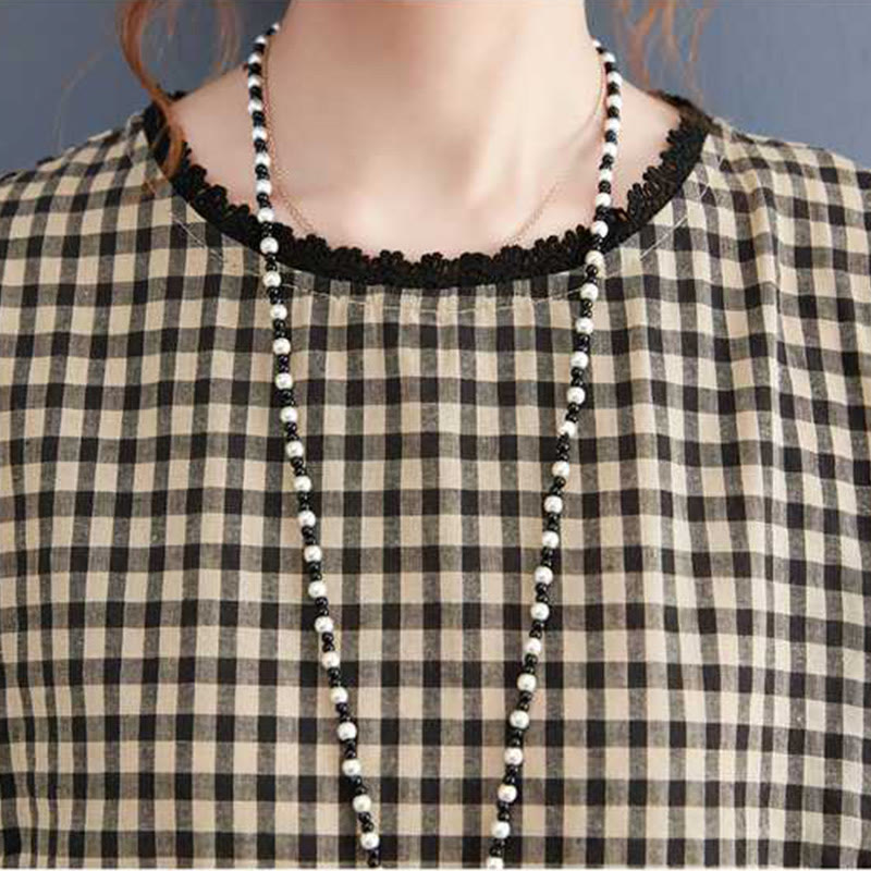 Buddha Stones Fall Plaid Pattern Ruffled Crew Neck Design Cotton Long Sleeve Midi Dress With Pockets