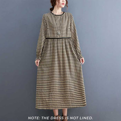 Buddha Stones Fall Plaid Pattern Ruffled Crew Neck Design Cotton Long Sleeve Midi Dress With Pockets