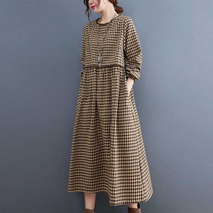Buddha Stones Fall Plaid Pattern Ruffled Crew Neck Design Cotton Long Sleeve Midi Dress With Pockets