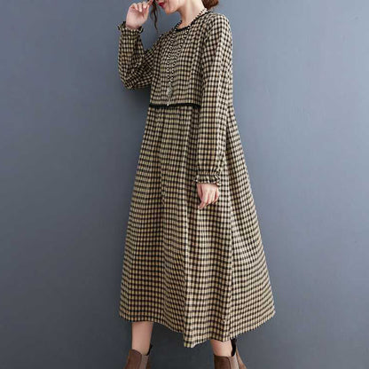 Buddha Stones Fall Plaid Pattern Ruffled Crew Neck Design Cotton Long Sleeve Midi Dress With Pockets