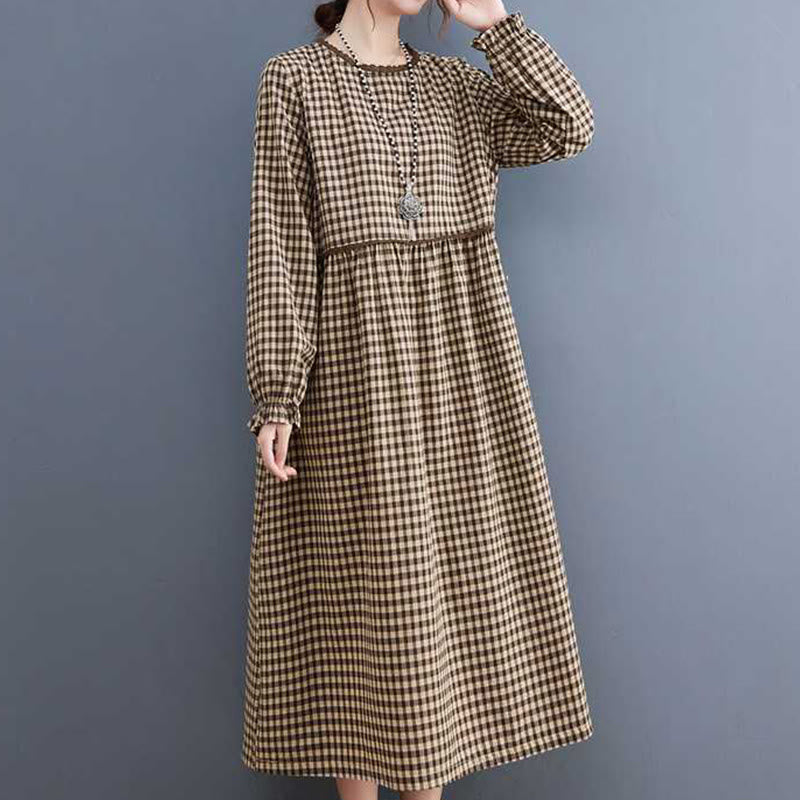 Buddha Stones Fall Plaid Pattern Ruffled Crew Neck Design Cotton Long Sleeve Midi Dress With Pockets