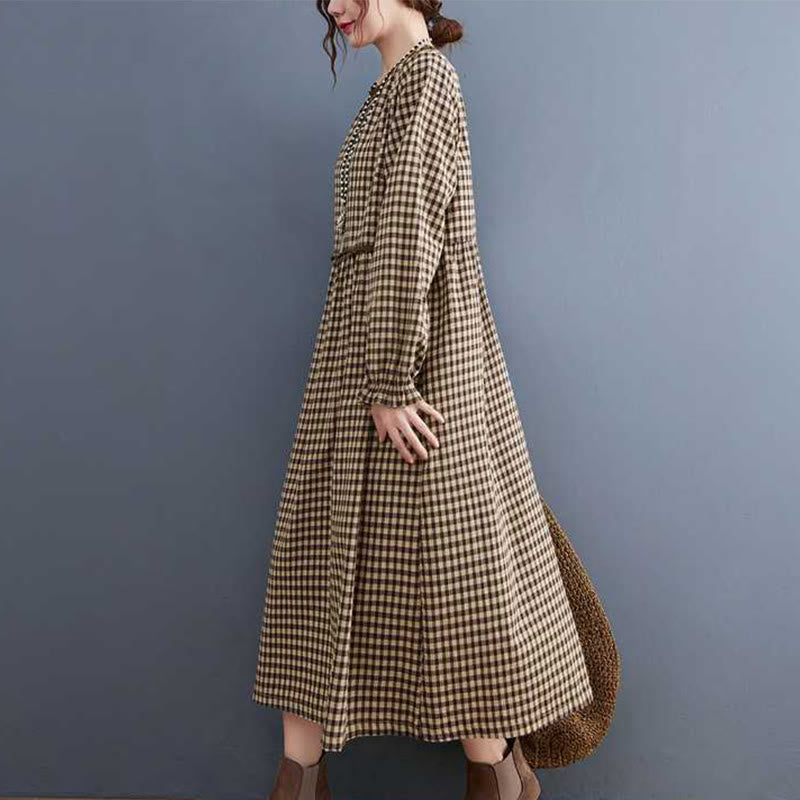 Buddha Stones Fall Plaid Pattern Ruffled Crew Neck Design Cotton Long Sleeve Midi Dress With Pockets
