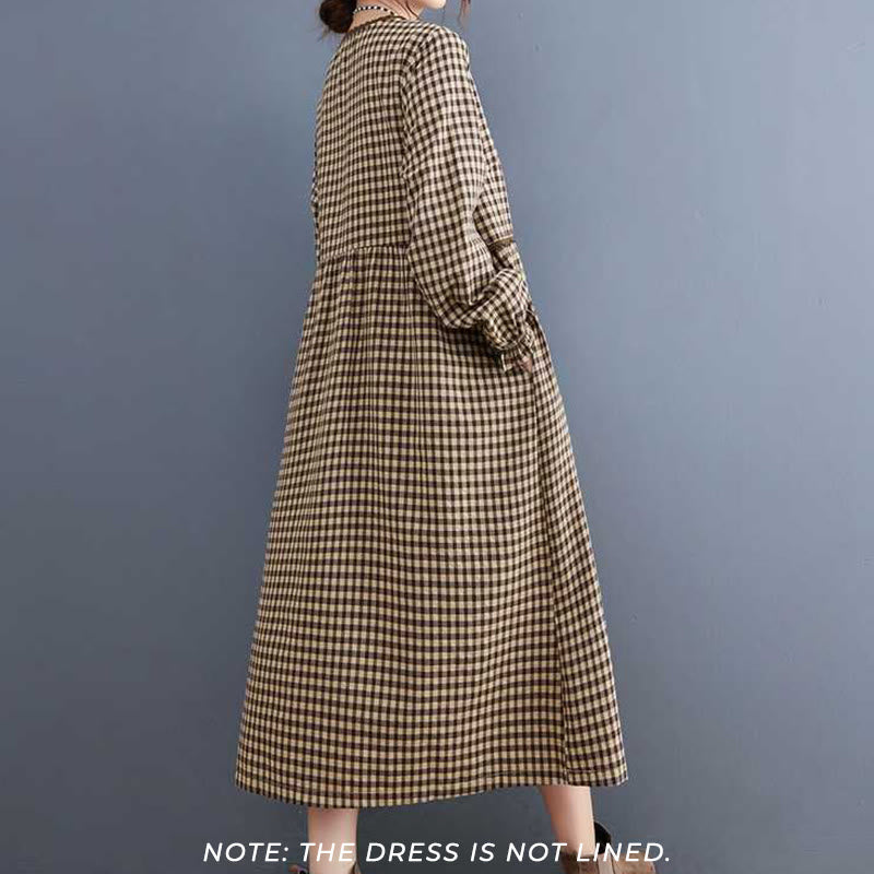 Buddha Stones Fall Plaid Pattern Ruffled Crew Neck Design Cotton Long Sleeve Midi Dress With Pockets