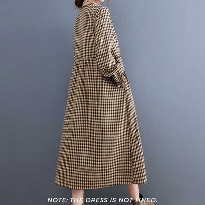Buddha Stones Fall Plaid Pattern Ruffled Crew Neck Design Cotton Long Sleeve Midi Dress With Pockets