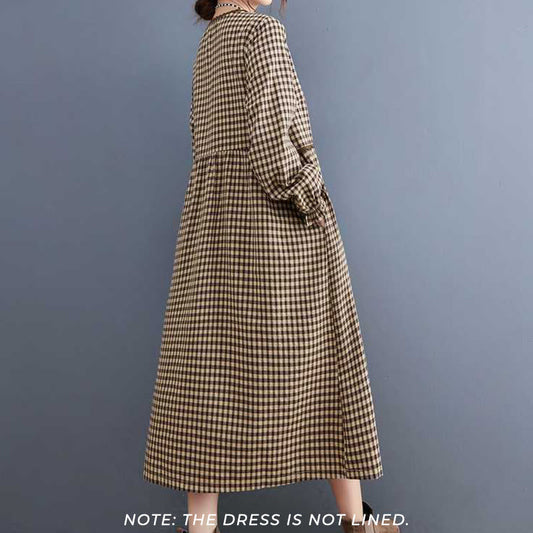 Buddha Stones Fall Plaid Pattern Ruffled Crew Neck Design Cotton Long Sleeve Midi Dress With Pockets
