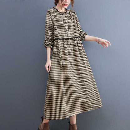 Buddha Stones Fall Plaid Pattern Ruffled Crew Neck Design Cotton Long Sleeve Midi Dress With Pockets