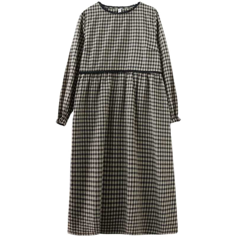 Buddha Stones Fall Plaid Pattern Ruffled Crew Neck Design Cotton Long Sleeve Midi Dress With Pockets