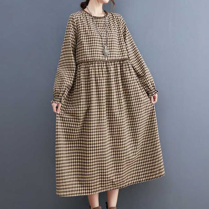 Buddha Stones Fall Plaid Pattern Ruffled Crew Neck Design Cotton Long Sleeve Midi Dress With Pockets