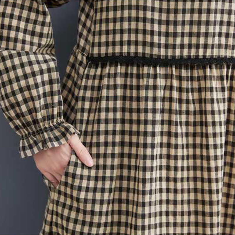 Buddha Stones Fall Plaid Pattern Ruffled Crew Neck Design Cotton Long Sleeve Midi Dress With Pockets