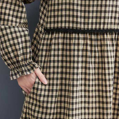 Buddha Stones Fall Plaid Pattern Ruffled Crew Neck Design Cotton Long Sleeve Midi Dress With Pockets