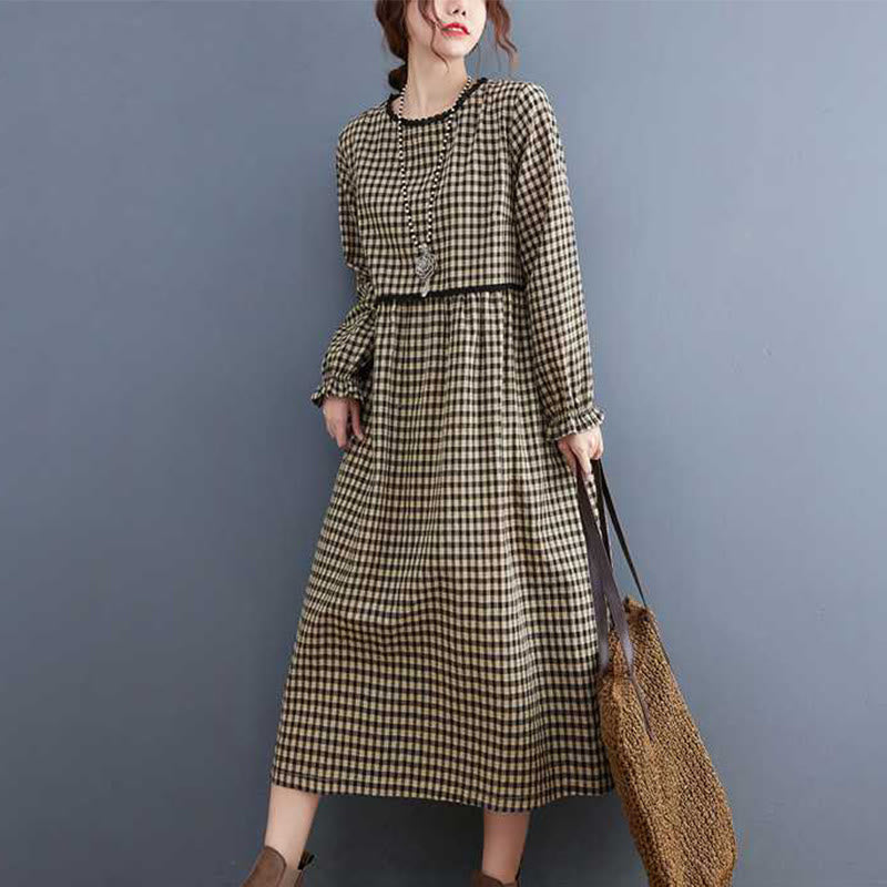 Buddha Stones Fall Plaid Pattern Ruffled Crew Neck Design Cotton Long Sleeve Midi Dress With Pockets