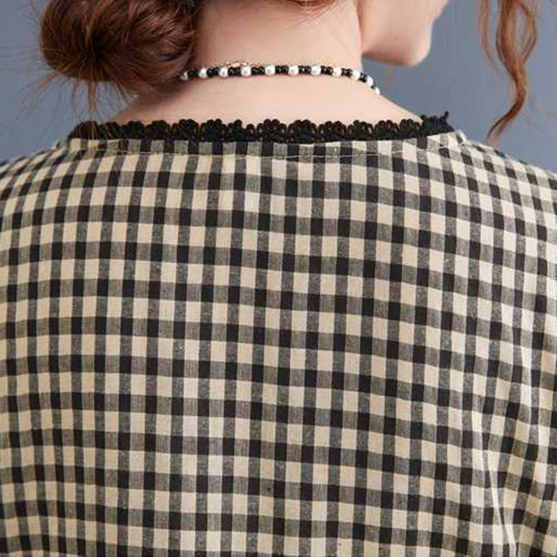 Buddha Stones Fall Plaid Pattern Ruffled Crew Neck Design Cotton Long Sleeve Midi Dress With Pockets